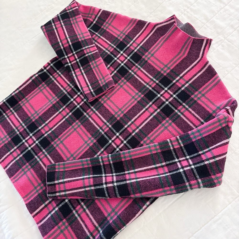 Tahari Plaid Mock Neck Pullover Sweater Women's LARGE Pink Plaid‎ Preppy - Picture 2 of 9